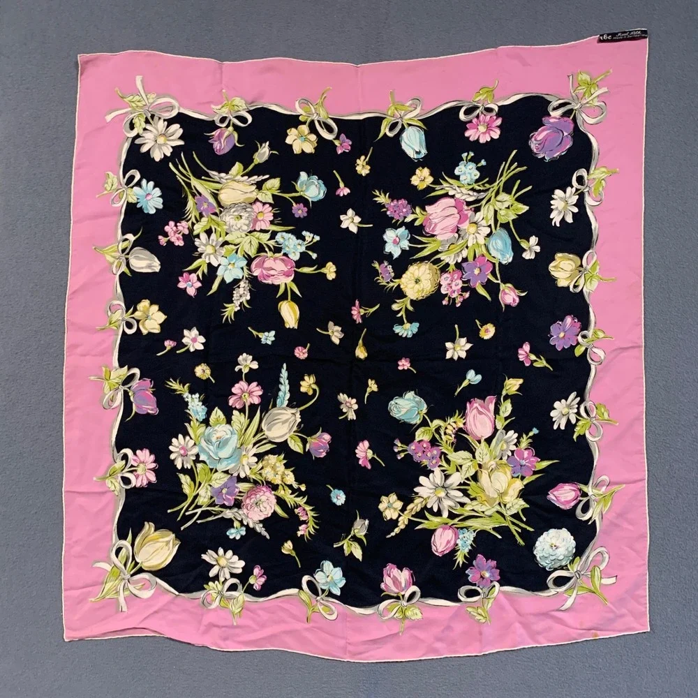 rbc Silk Scarf Women OS Floral Bouquet Pink Black Swiss Made VTG 60s Accessory